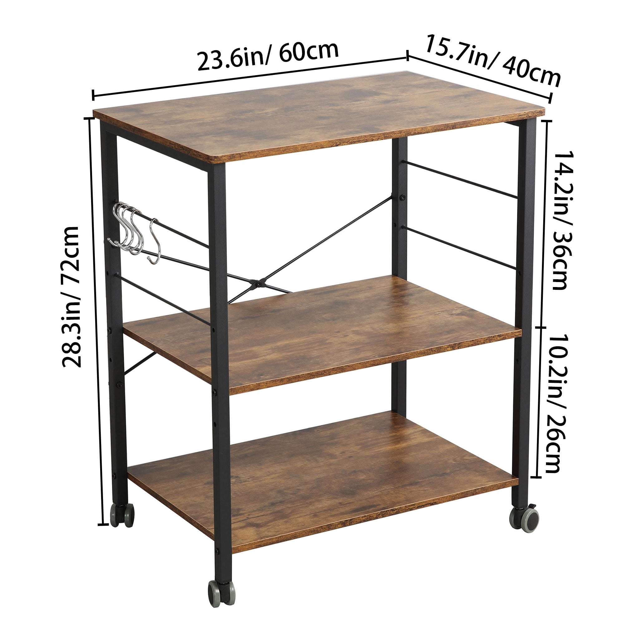Baker's Rack 23.6 Inch Utility 3 Tier Microwave Stand. Rustic Brown