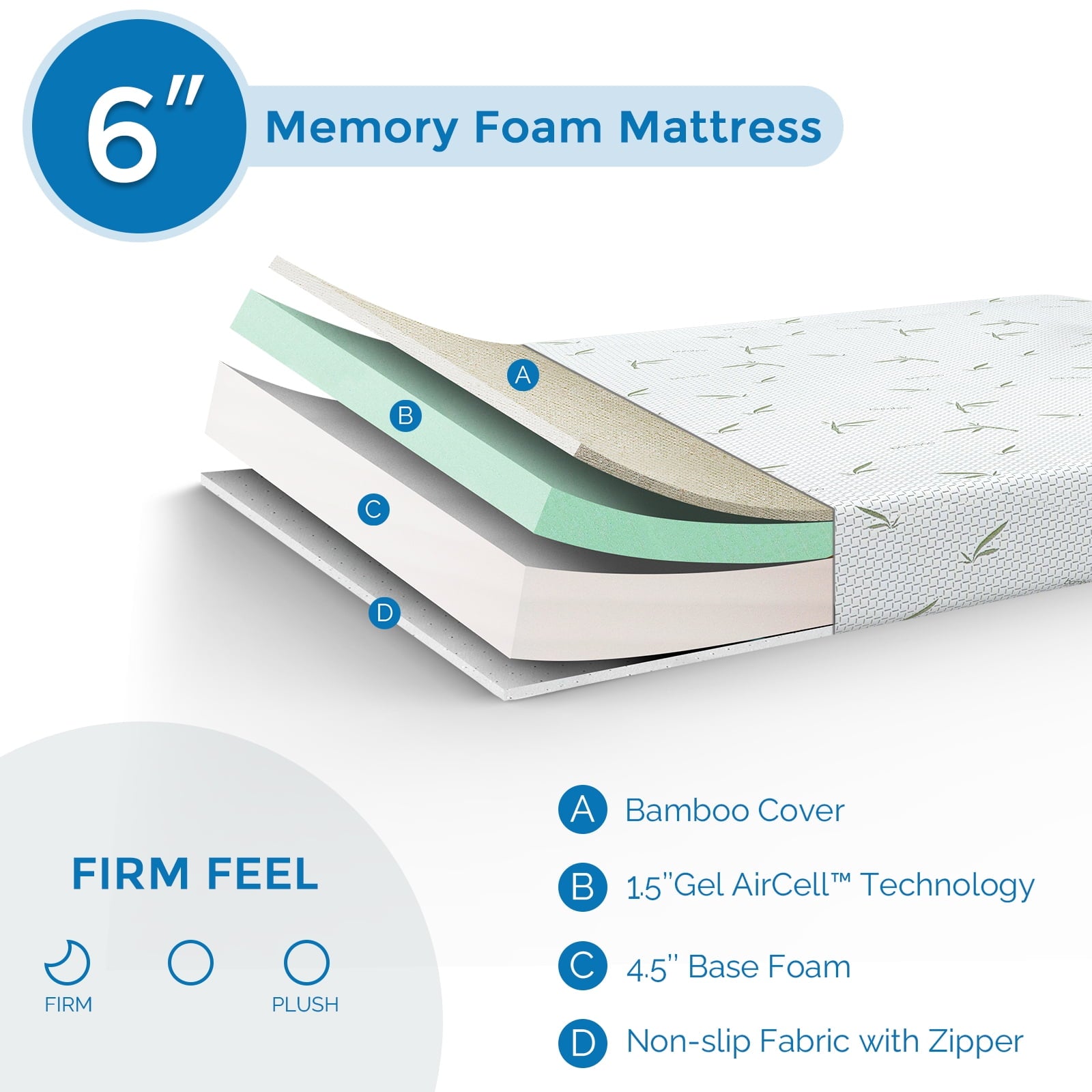 Mattress. 6 inch Memory Foam Mattress Bed in a Box. with Green Tea Cooling Gel. Made in USA