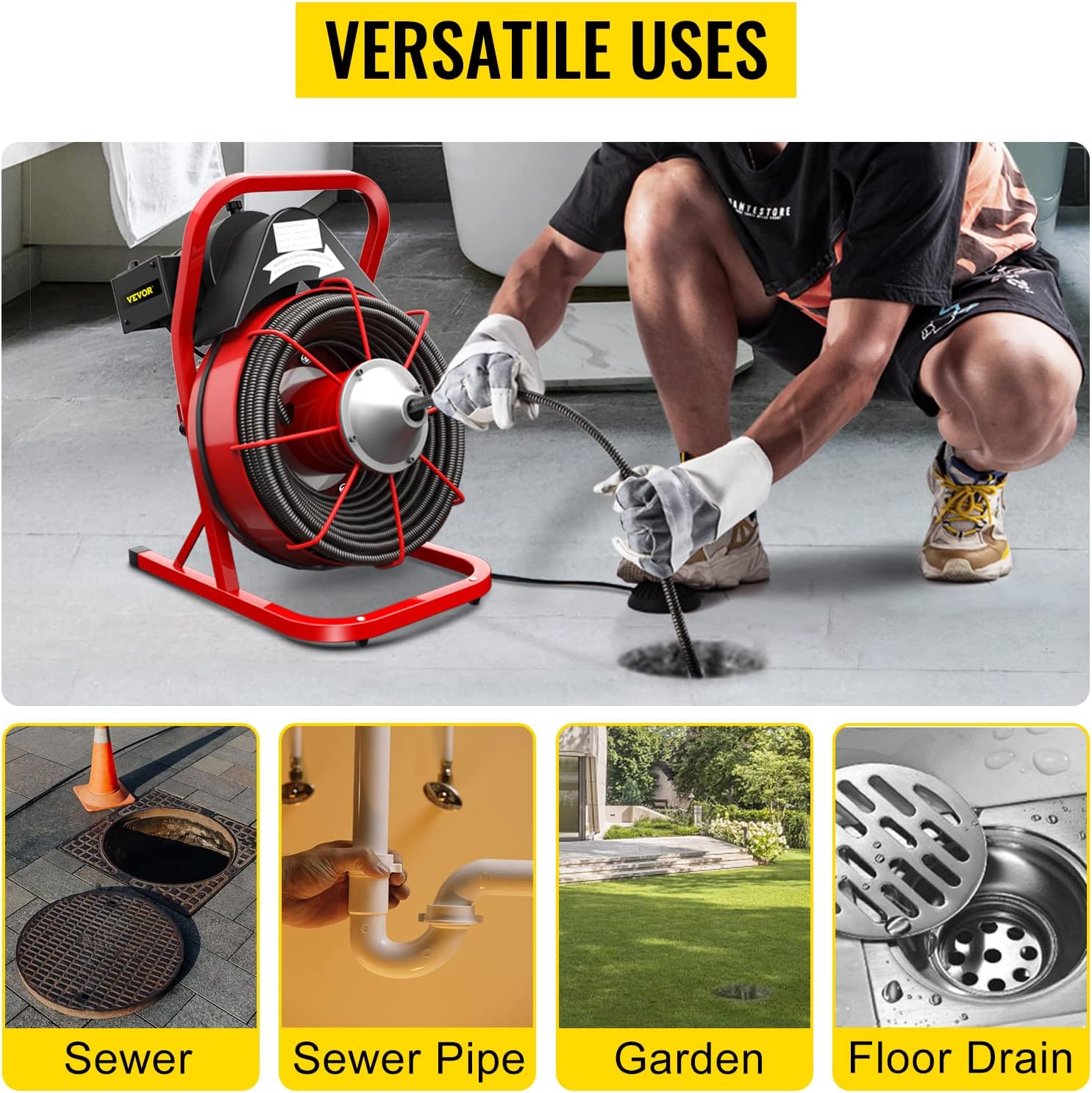 Drain Cleaner Machine. 75 Ft x 3/8 Inch Drain Cleaning Machine Fits 1 to 4 Inch Pipes. Portable Drain Auger Cleaner with 4 Cutters. Electric Drain Clog Remover Plumbing Tool