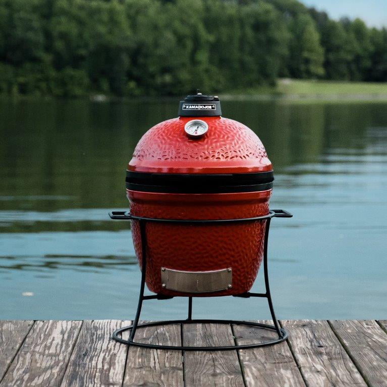 Jr. 13.5 in. Portable Charcoal Grill in Red with Cast Iron Cart. Heat Deflectors and Ash Tool
