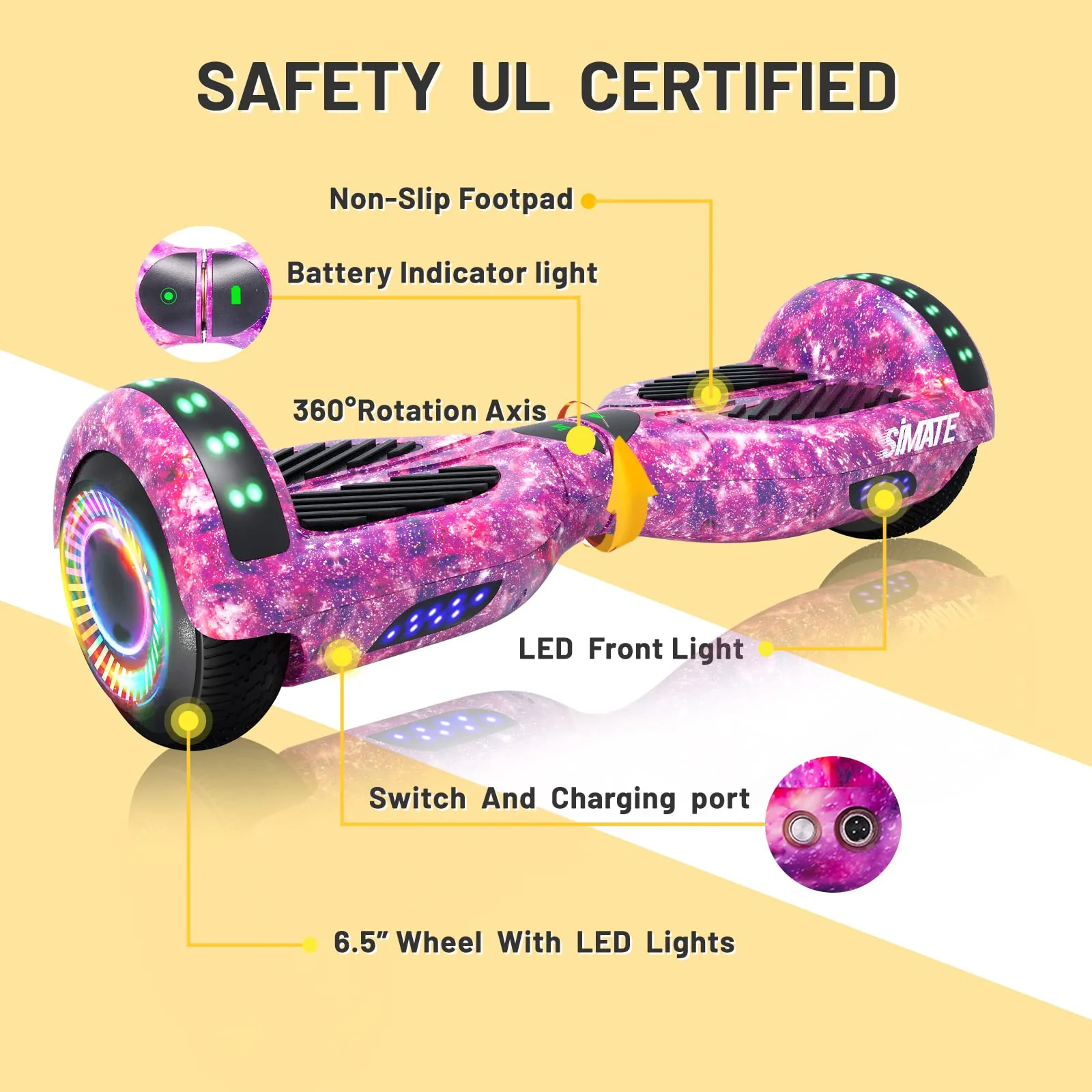 SIMATE 6.5 Hoverboard with Bluetooth & LED Lights