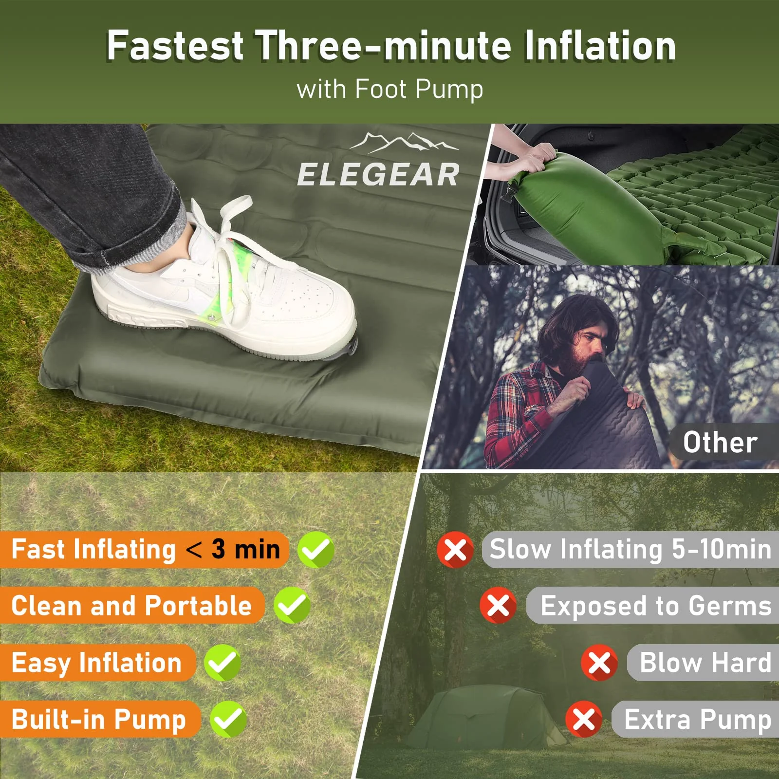 Elegear Double Sleeping Pad for Camping. 4 Ultra-Thick Self Inflating Camping Pad