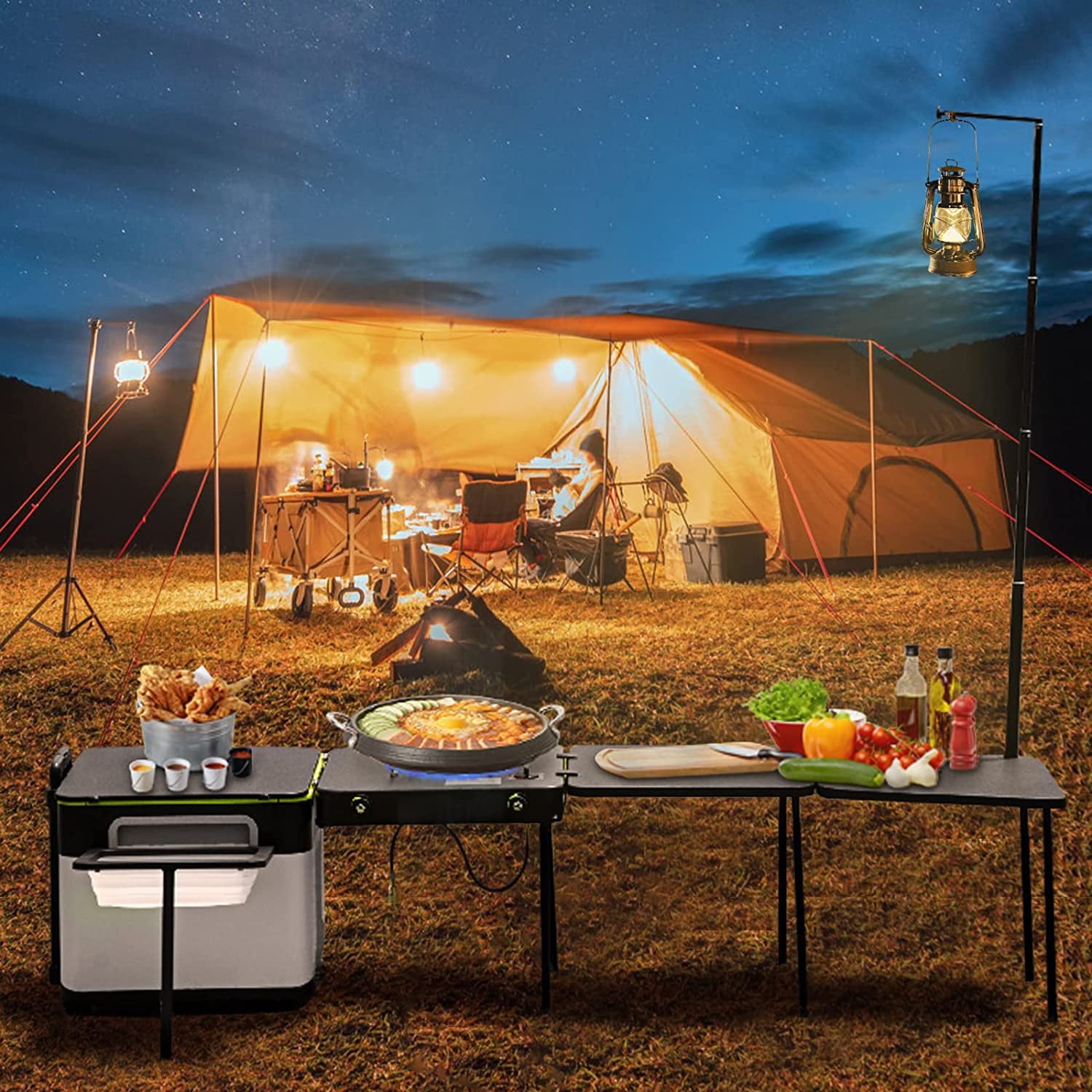 in One Integrated Camping Cooking Station Foldable Outdoor Mobile Kitchen Portable Multifunctional Camp Box w/ Wheels