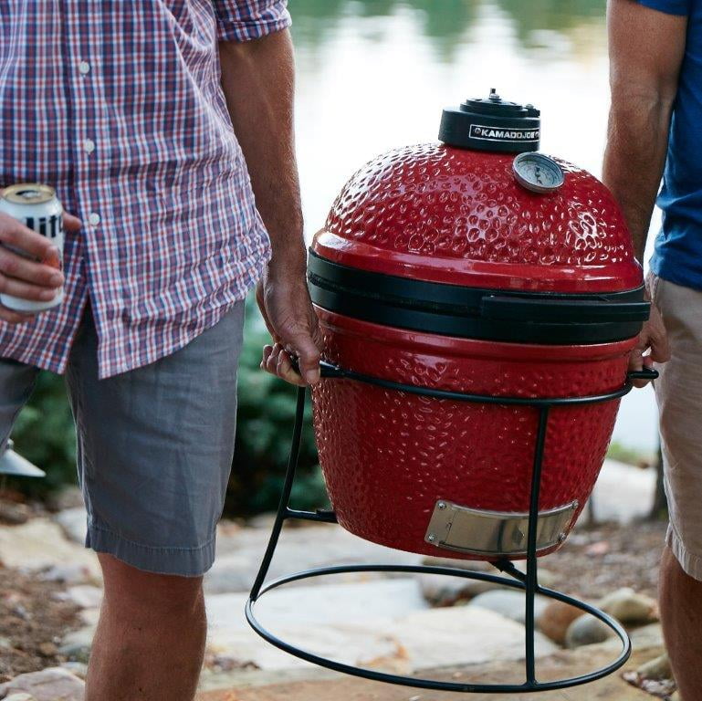 Jr. 13.5 in. Portable Charcoal Grill in Red with Cast Iron Cart. Heat Deflectors and Ash Tool