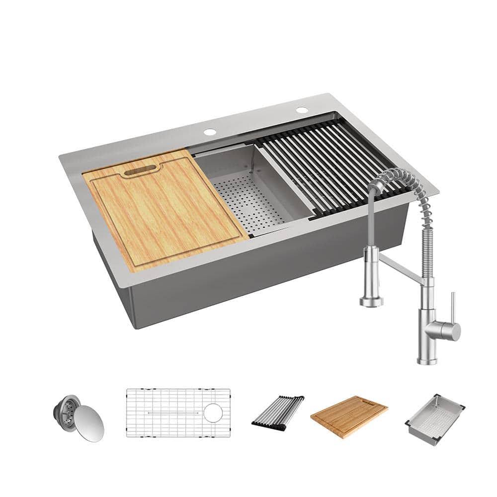 Glacier Bay 33 in. Drop-In/Undermount Single Bowl 18-Gauge Stainless Sink, Silver 4332F