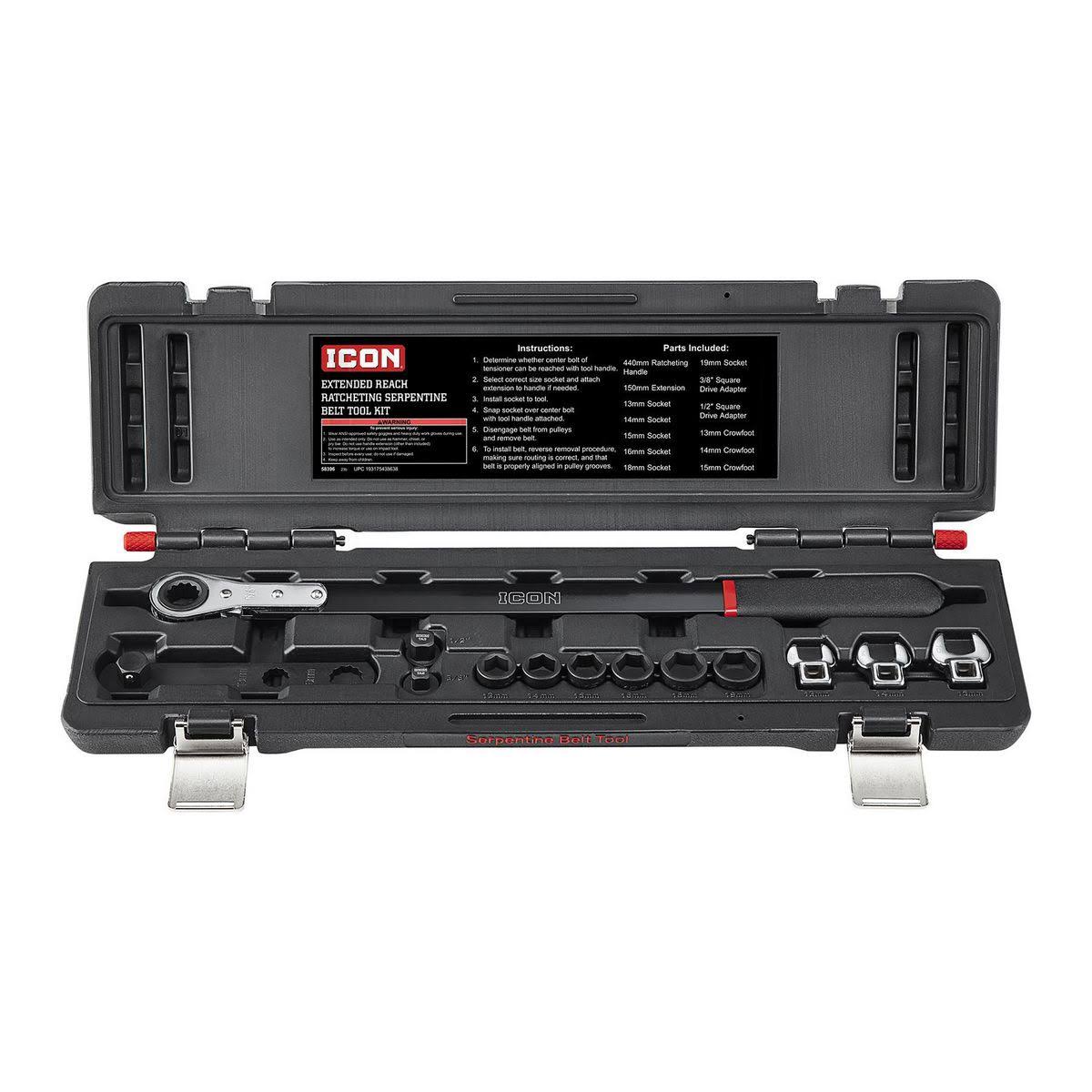 Icon 58396/MT13-1 Extended-Reach Ratcheting Serpentine Belt Tool Kit