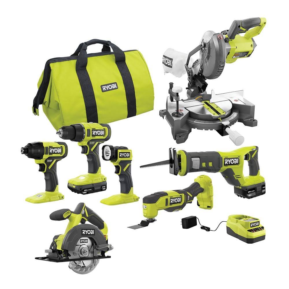 Ryobi PCL1600K2-P553 One+ 18V Cordless 6-Tool Combo Kit with 1.5 Ah and 4.0 Ah Batteries. Charger. and Miter Saw