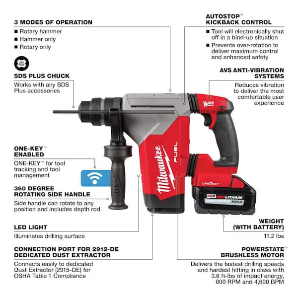 M18 FUEL 18V Lithium-Ion Brushless 1-1/8 in. Cordless SDS-Plus Rotary Hammer/Dust Extractor Kit. Two 6.0Ah Batteries