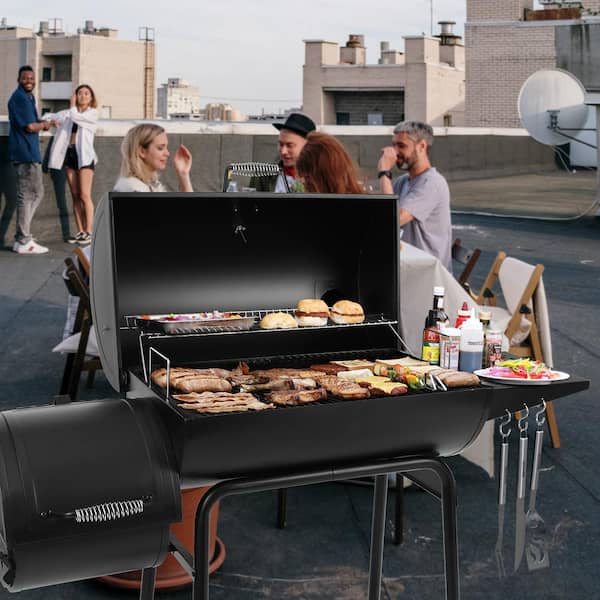30 in. Smoker Black Barrel Charcoal Grill with Offset Smoker with Cover For Outdoor. Backyard Cooking