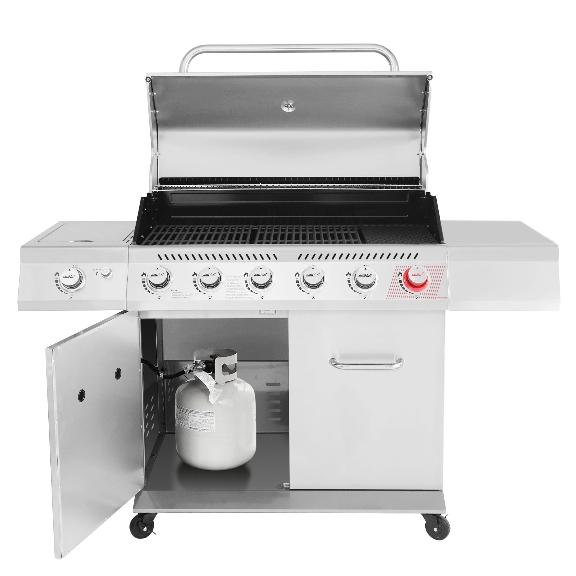 Gourmet GA6402S Stainless Steel Gas Grill. Premier 6-Burner BBQ Grill with Sear Burner and Side Burner. 74.000 BTU. Cabinet Style. Outdoor Party Grill. Silver