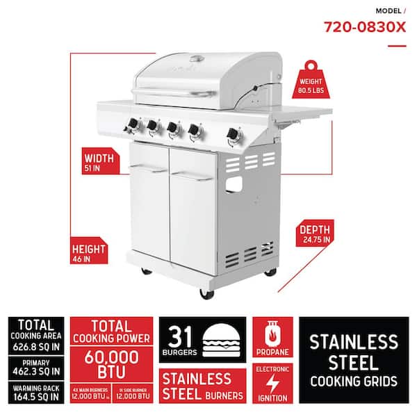 4-Burner Propane Gas Grill in Stainless Steel with Side Burner
