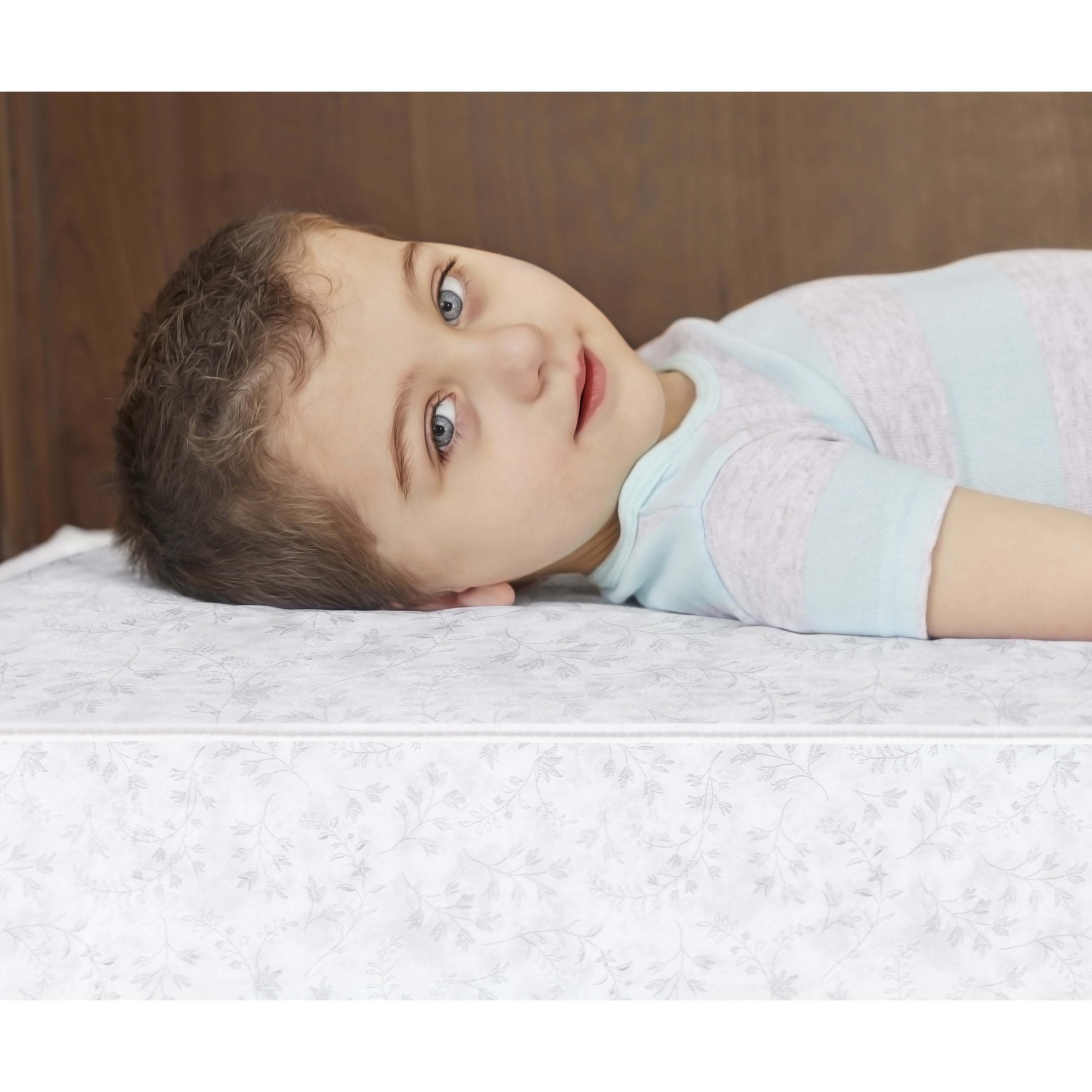 on Me Twinkle 5 88 Coil Crib and Toddler Mattress. Morning Mist Floral. Greenguard Gold Certified