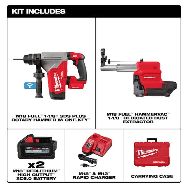 M18 FUEL 18V Lithium-Ion Brushless 1-1/8 in. Cordless SDS-Plus Rotary Hammer/Dust Extractor Kit. Two 6.0Ah Batteries