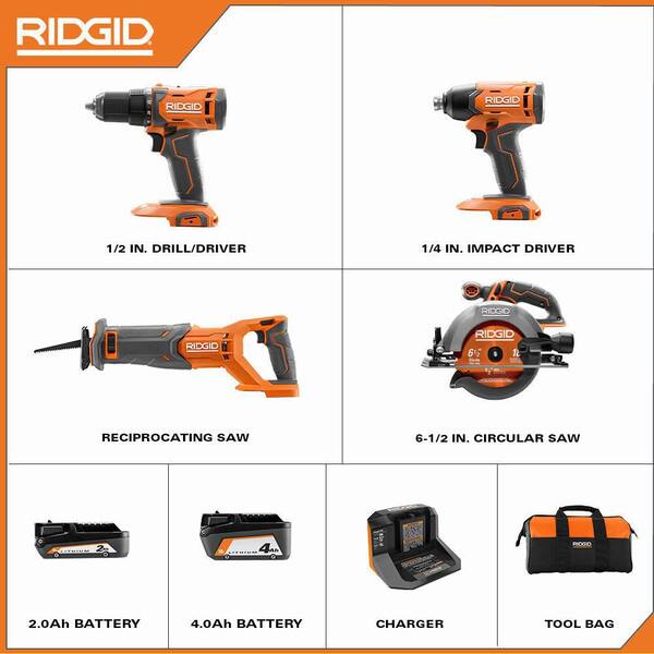 18V Cordless 4-Tool Combo Kit with 4.0 Ah Battery. 2.0 Ah Battery. Charger. Bag and 18V SubCompact 1/2 in. Impact Wrench