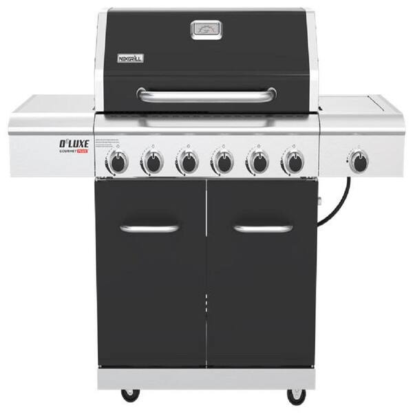 Deluxe 6-Burner Natural Gas Grill in Black with Ceramic Searing Side Burner and Gourmet Plus Cooking System