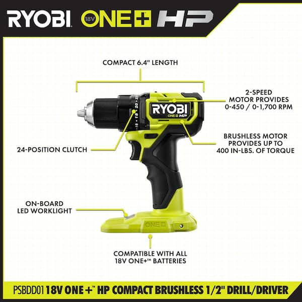 ONE+ HP 18V Brushless Cordless Compact 1/2 in. Drill/Driver Kit with (2) 1.5 Ah Batteries. Charger and Bag