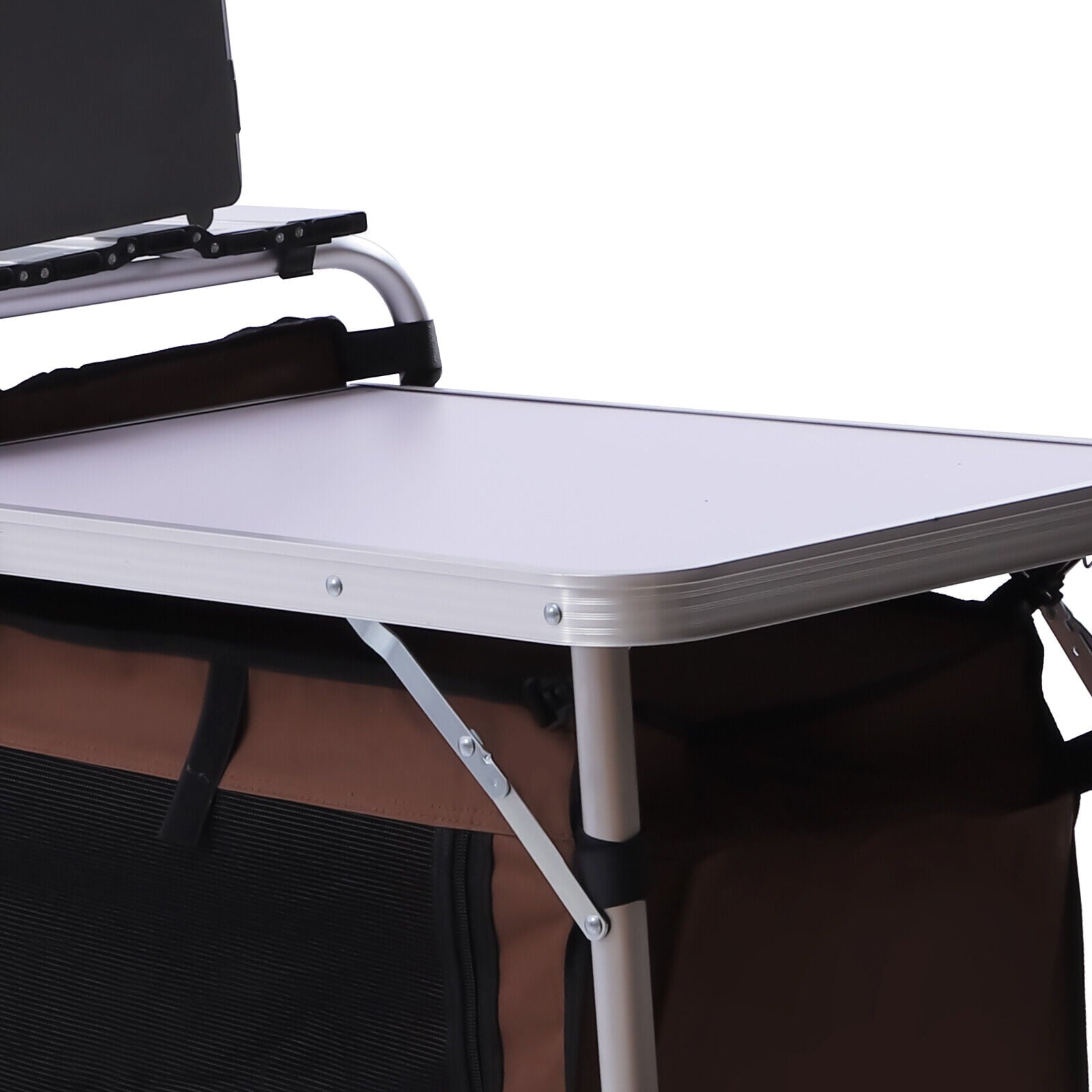 Folding Camping Kitchen Table with Storage Portable Outdoor Cooking Table with Aluminium Windscreen Kitchen Station with 2 Side Tables for BBQ Grill Picnics Brown