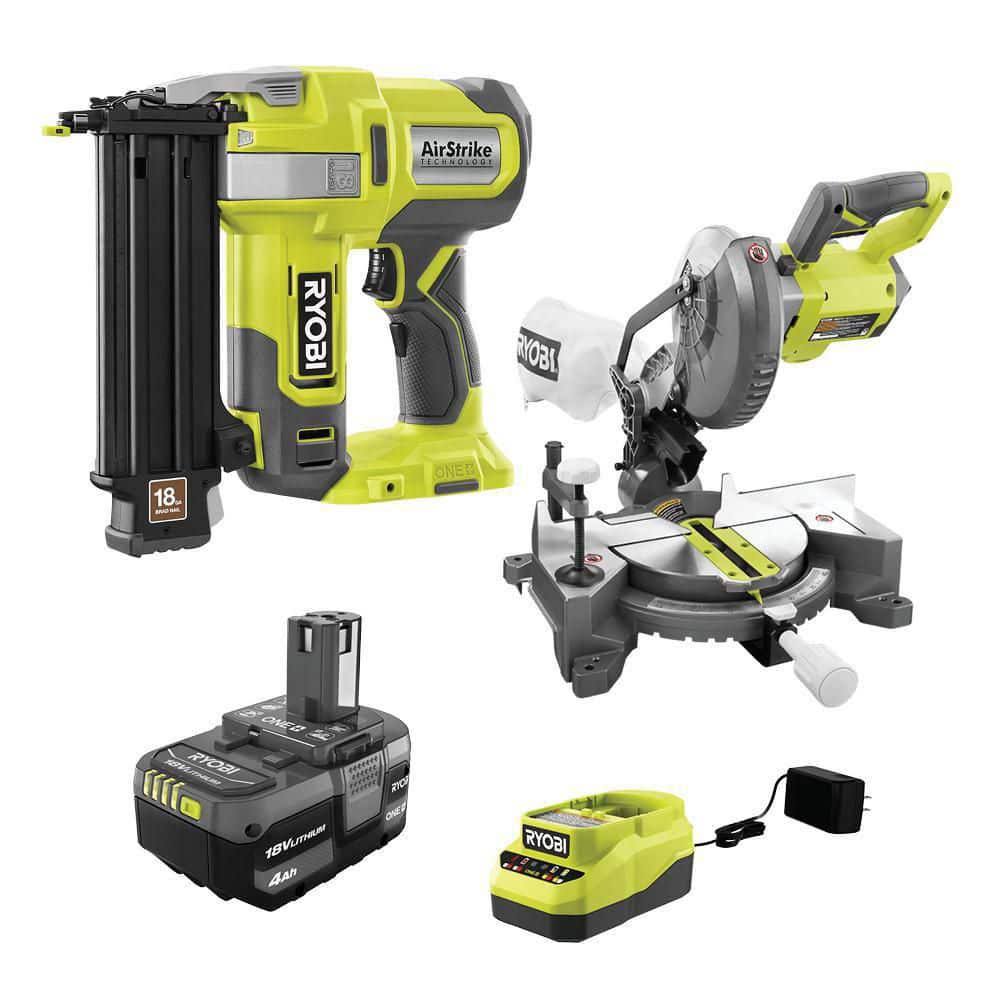 Ryobi One+ 18V Cordless 2-Tool Combo Kit with 18-Gauge Airstrike Brad Nailer, 7-1/4 in. Miter Saw, 4.0 Ah Battery, and Charger #P321K1N-P553