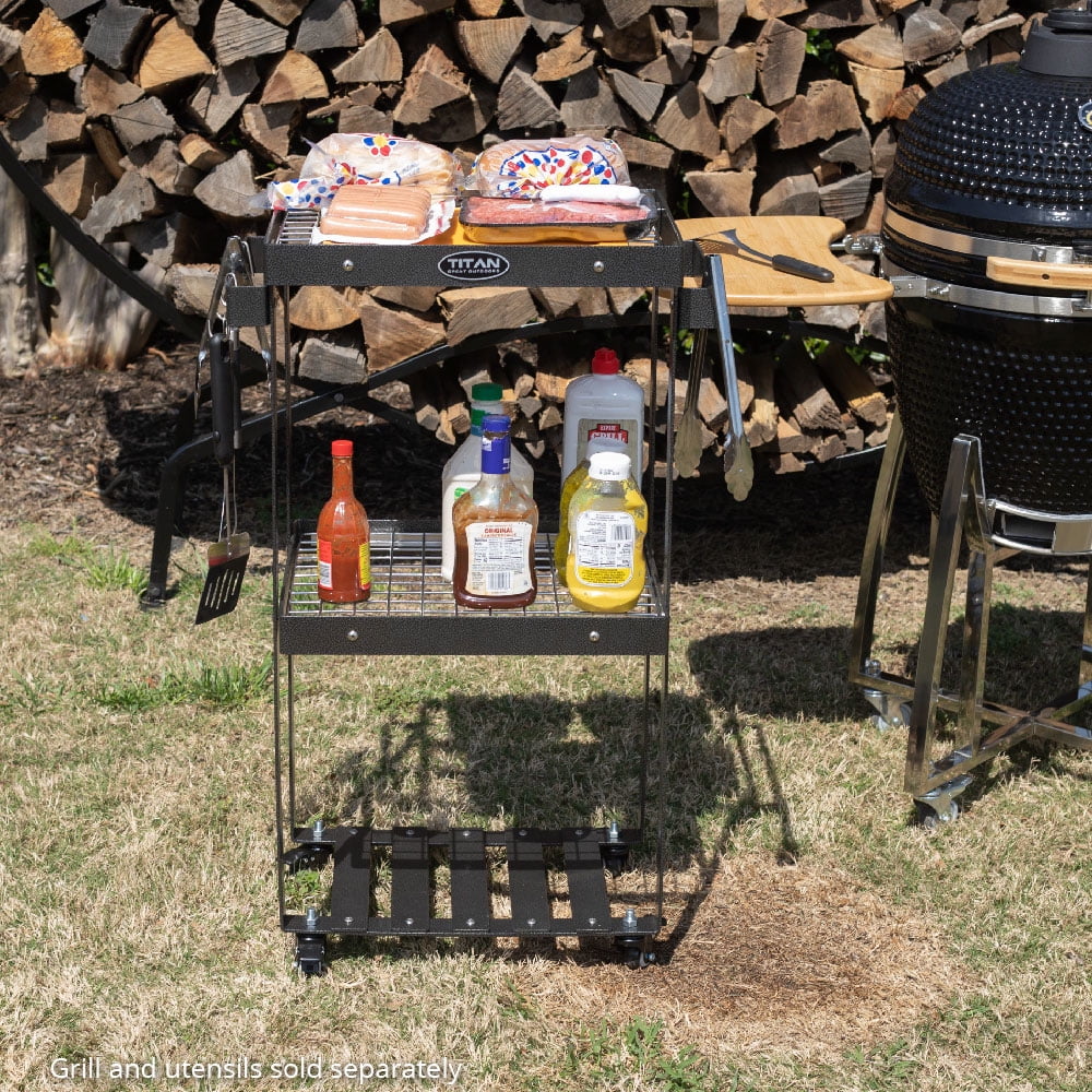 Great Outdoors 3-Tier Barbecue Prep Station and Grill Accessory Serving Cart. Wire Rack Storage Shelves