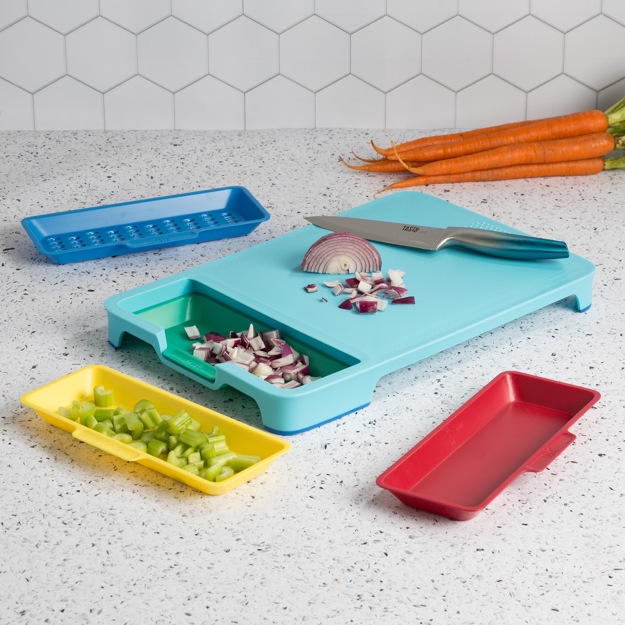 Poly Cutting Board Prep Station Set with Removable Trays. Tasty Blue. 5 Piece