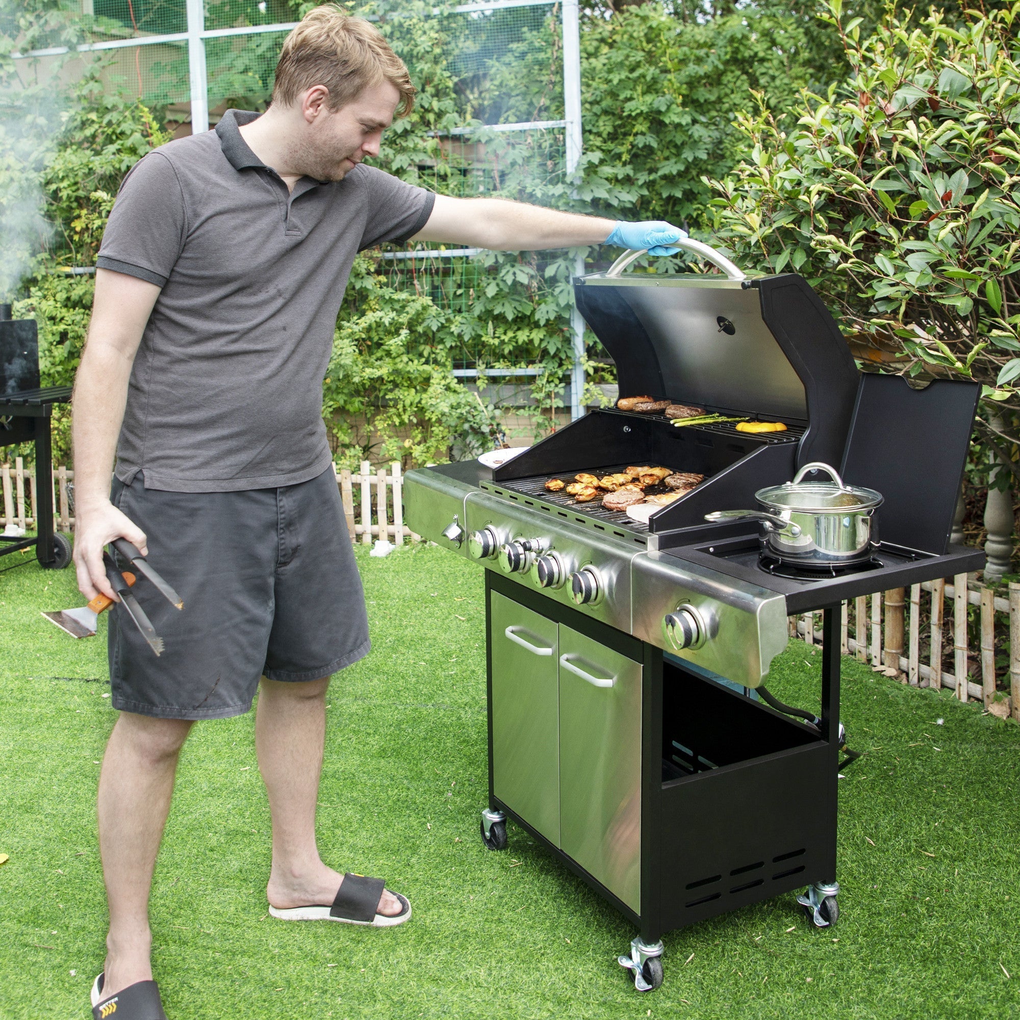 Stainless Steel Portable 4-Burner Propane Gas Grill with Side Burner