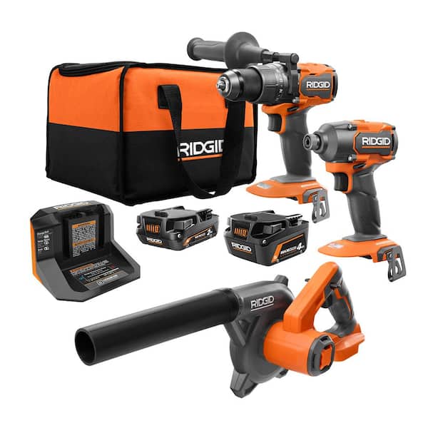 18V Brushless Cordless 3-Tool Combo Kit w/ Hammer Drill. Impact Driver. Compact Jobsite Blower. Batteries. Charger & Bag