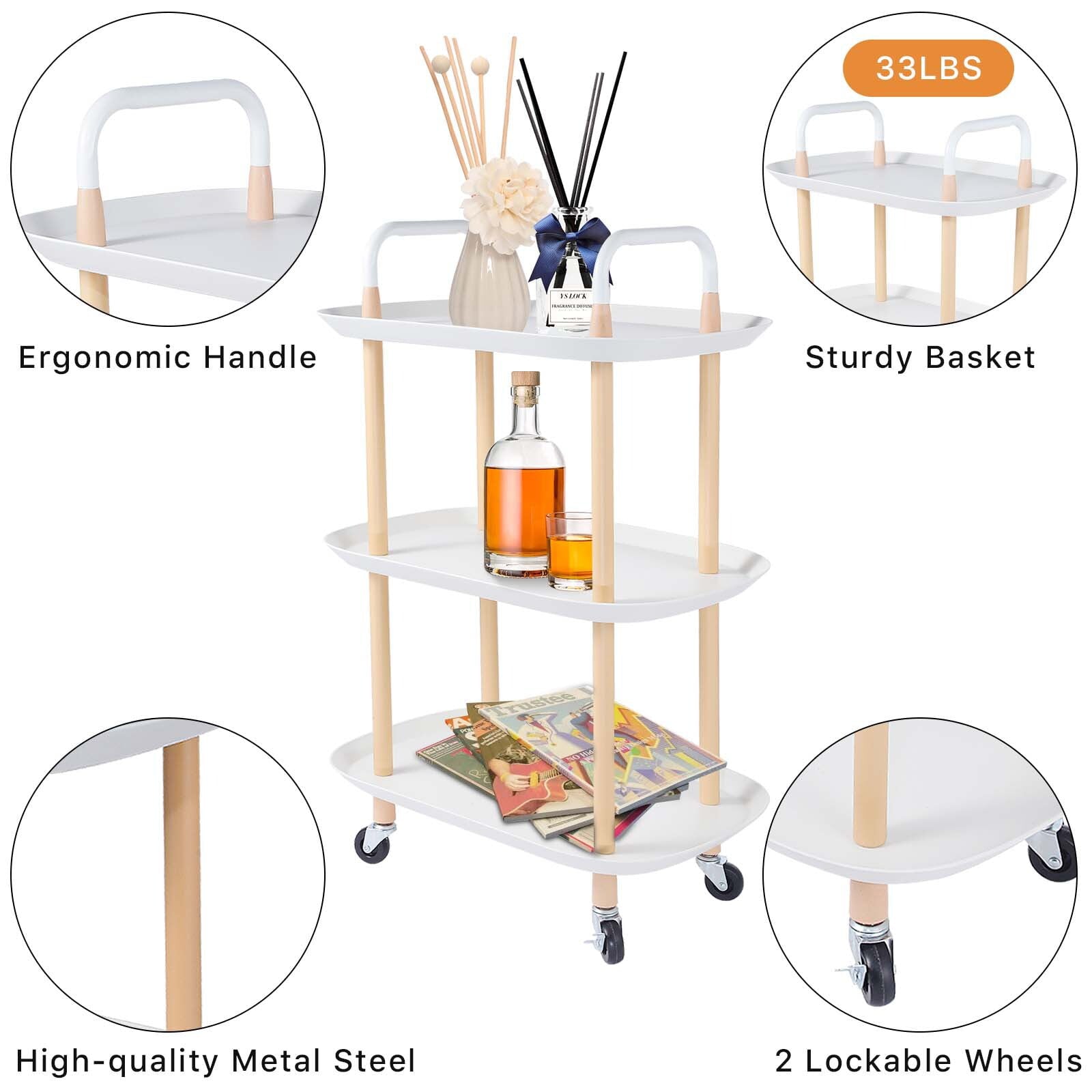 3 Tier Rolling Utility Cart Storage Organizer Service Cart with Handle and Locking Wheels for Home. Bathroom. Office. Kitchen. Coffee Bar. Microwave Cooking Station. White
