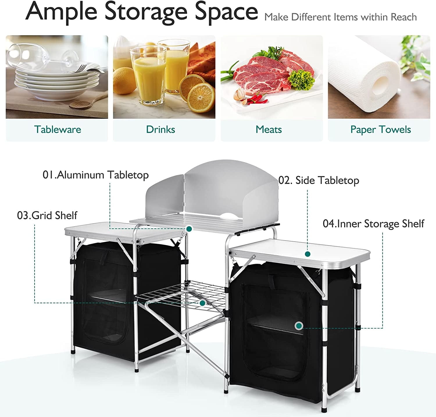 Camping Kitchen Table with Storage. Aluminum Portable Outdoor Cooking Table with Windscreen. Foldable Camp Table Cook Station for BBQ. Grill. Party. Picnics