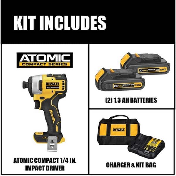 ATOMIC 20V MAX Cordless Brushless Compact 1/4 in. Impact Driver. (2) 20V 1.3Ah Batteries. Charger. and Bag