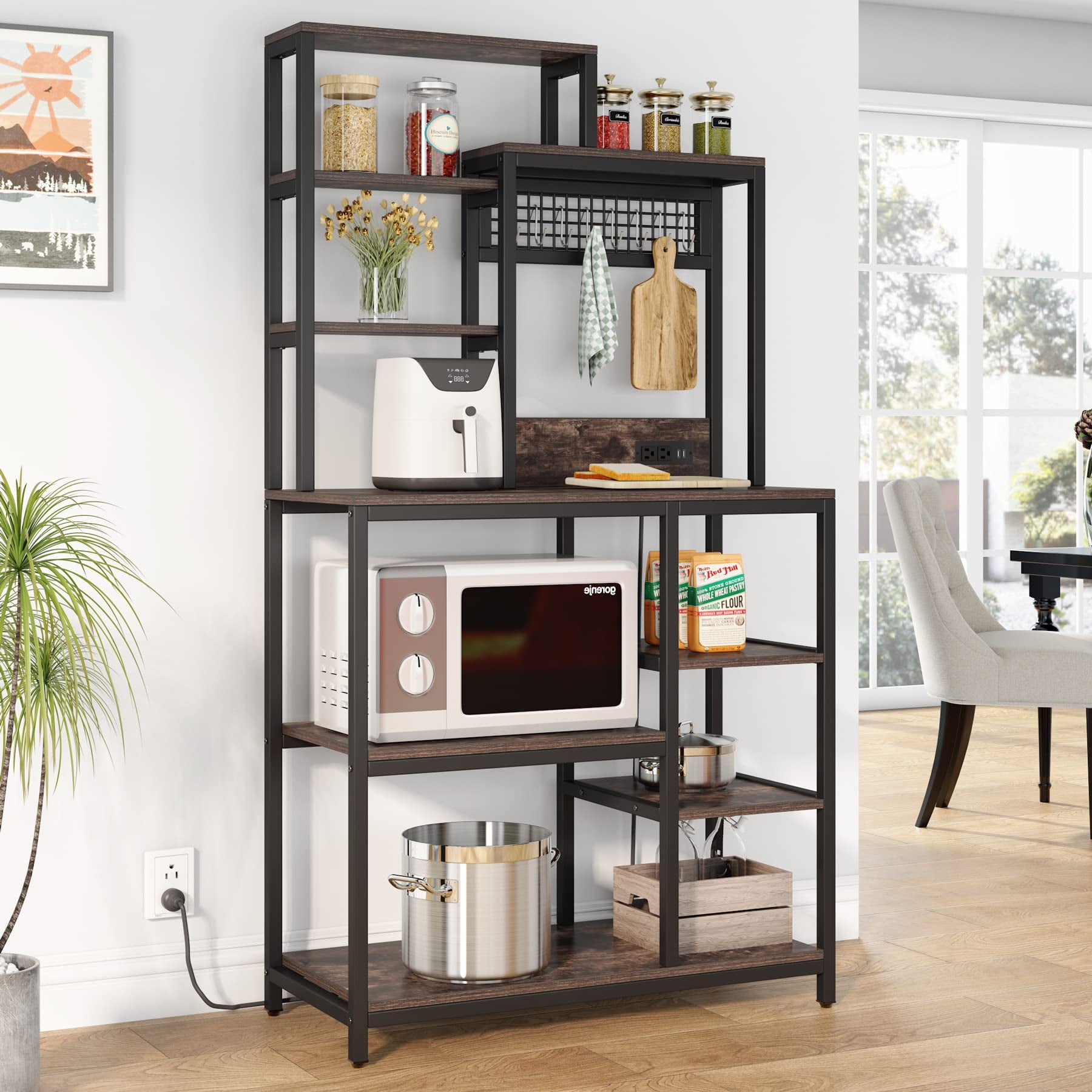 Bakers Rack with Power Outlet. 9-Tier Microwave Stand with Hutch. Kitchen Utility Storage Shelf with 8 S-Hooks. Industrial Coffee Bar Station for Living Room - Rustic Brown