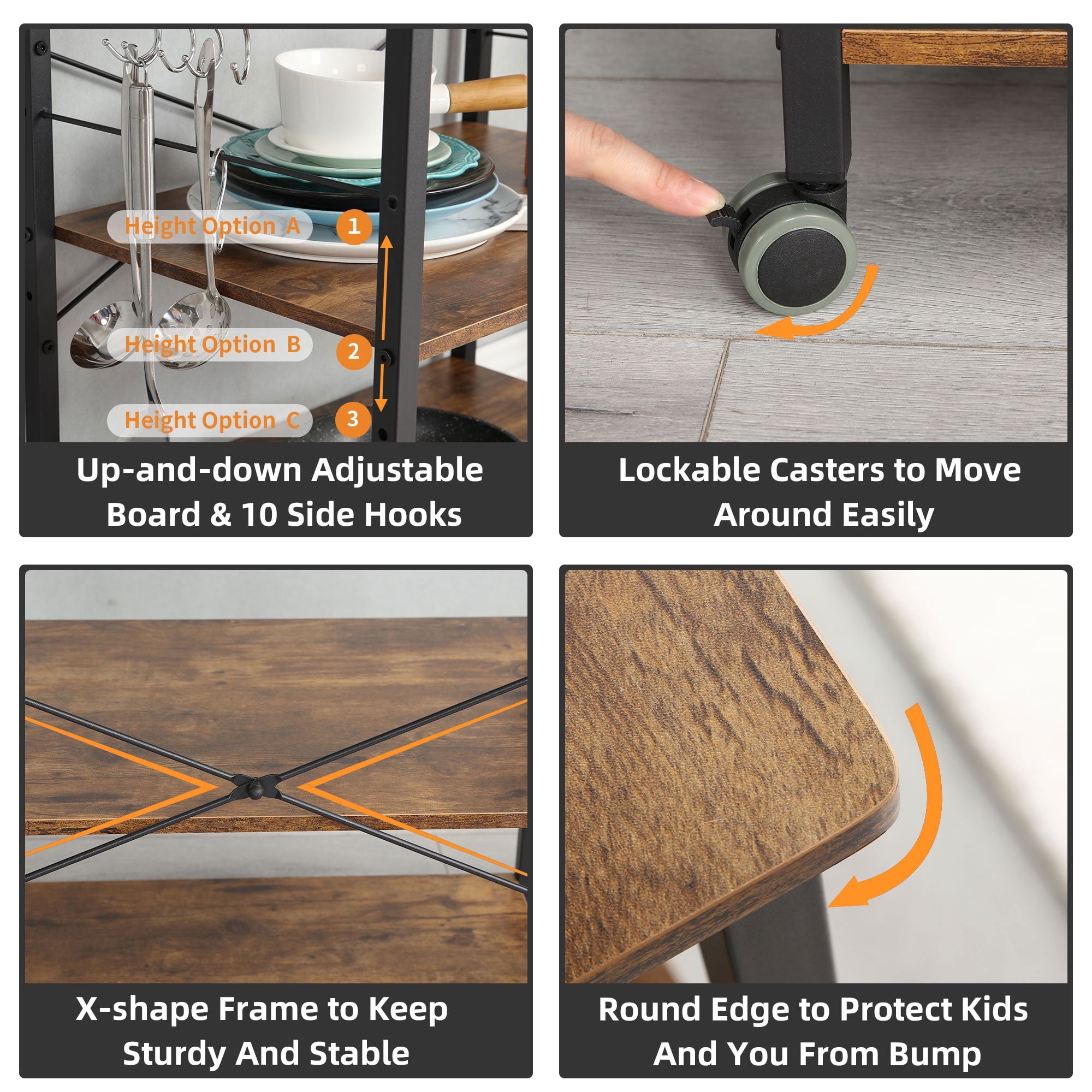 Baker's Rack 23.6 Inch Utility 3 Tier Microwave Stand. Rustic Brown