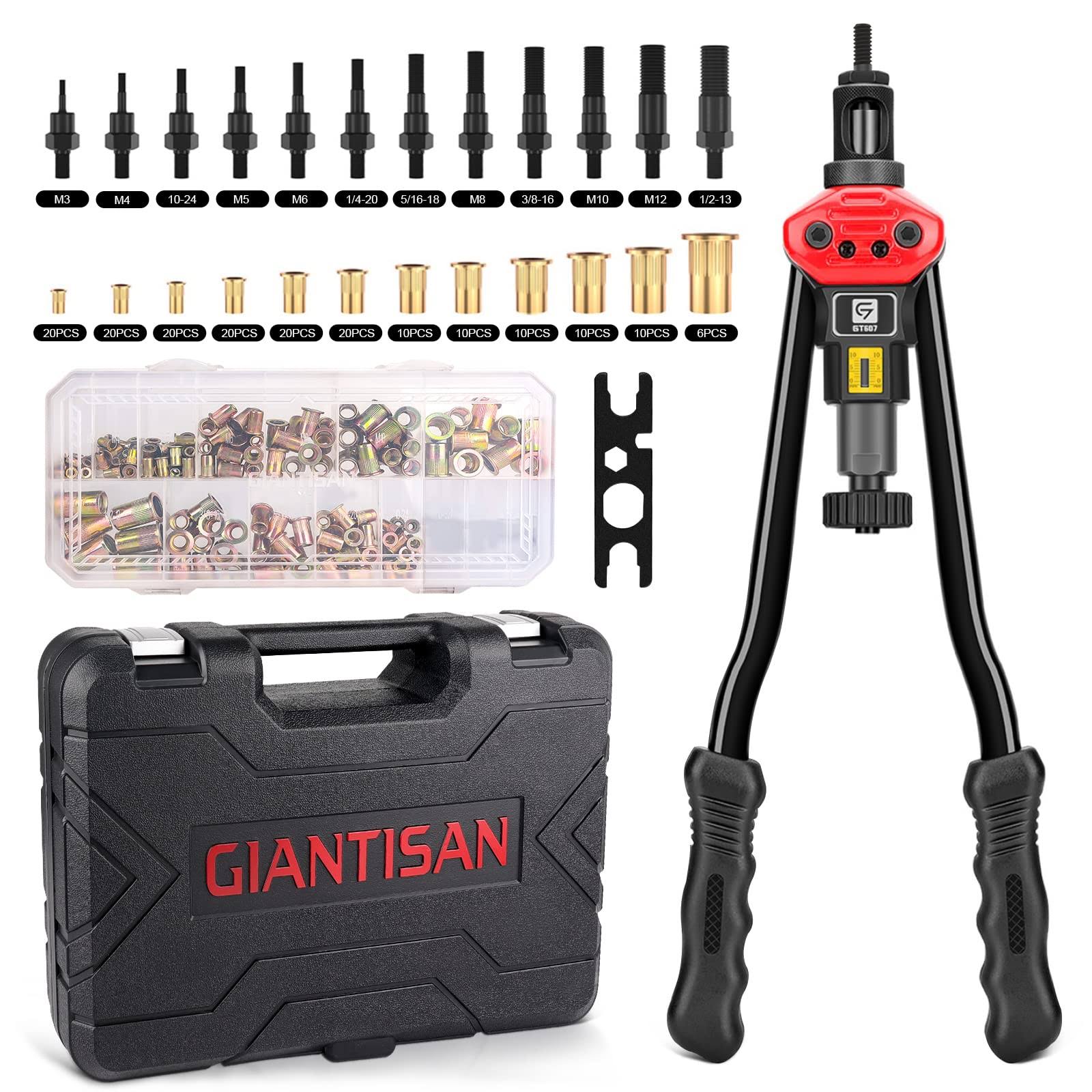 Rivet Nut Tool, GIANTISAN 16-inch Rivnut Tool Kit with 12 Metric and SAE Mandrels, Nutsert Rivet Tool Set with 176pcs Assorted Rivnuts, Threaded
