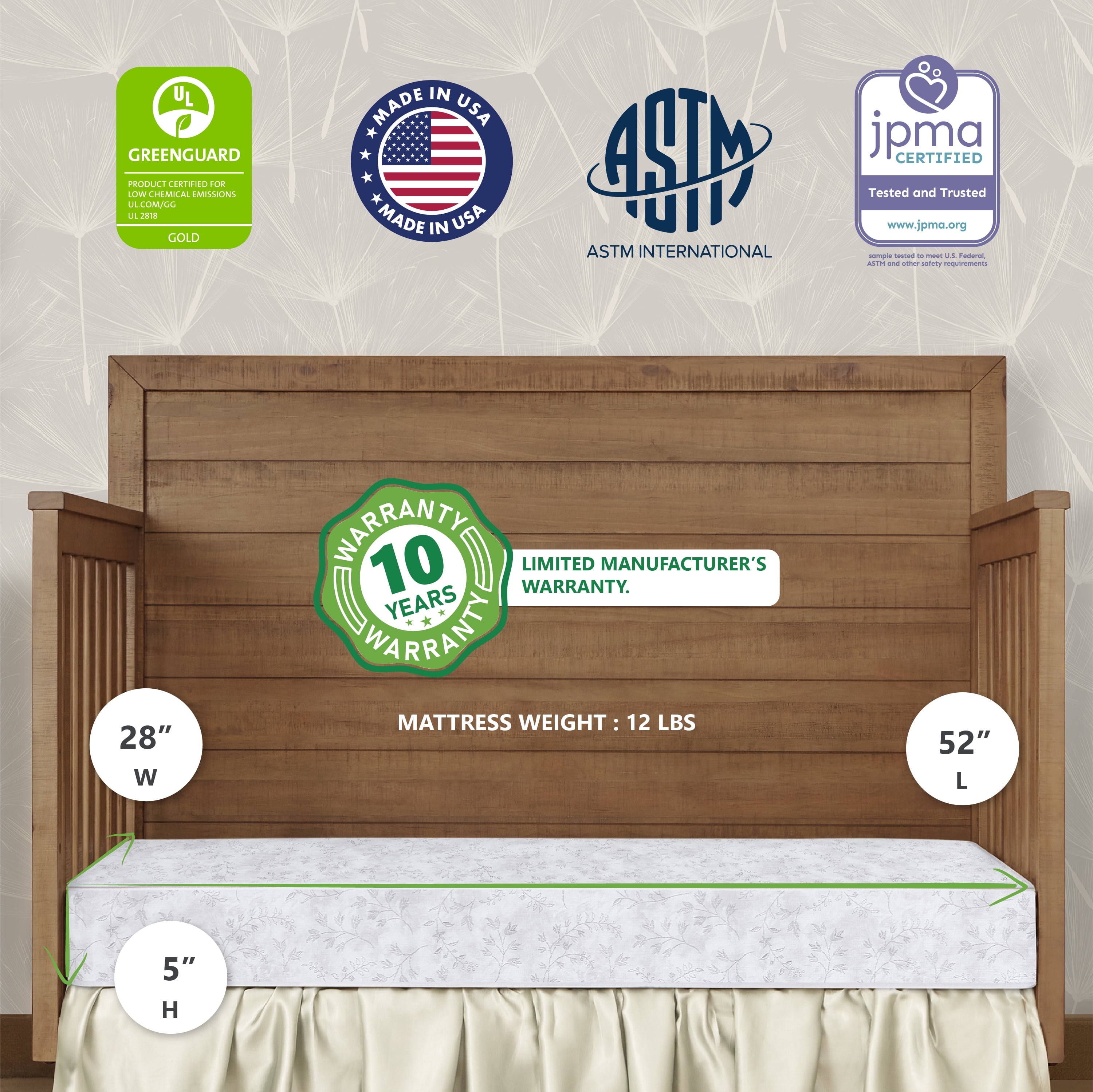 on Me Twinkle 5 88 Coil Crib and Toddler Mattress. Morning Mist Floral. Greenguard Gold Certified