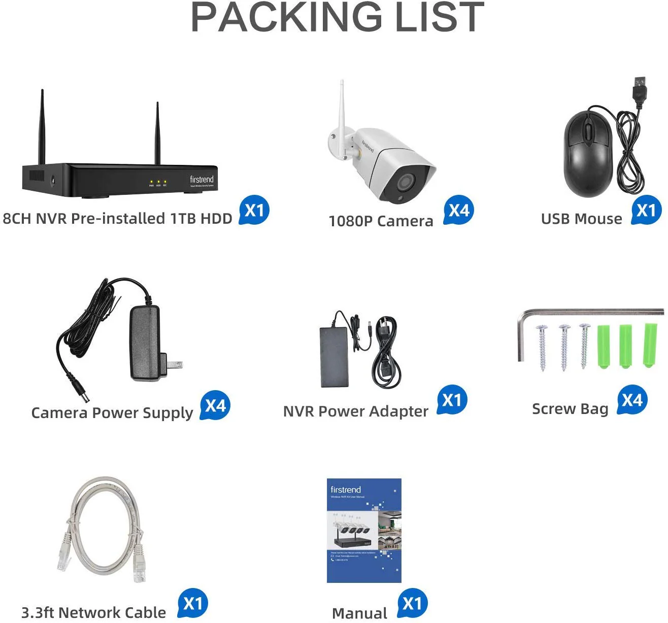 Firstrend 1080P 8CH Wireless Home Security Systems