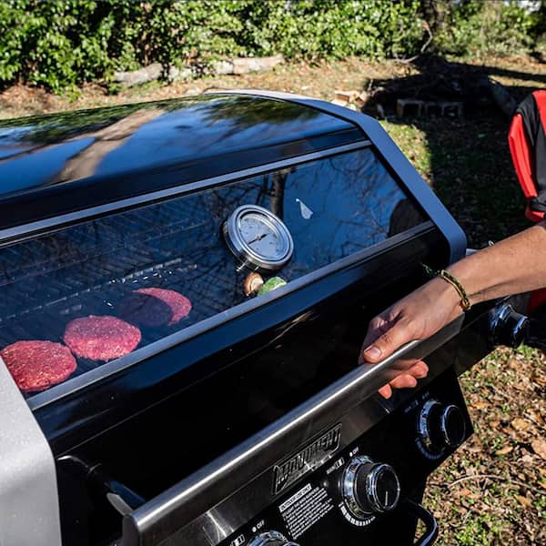4-Burner Propane Gas Grill in Black with ClearView Lid. LED Controls. Side Burner and USB Light