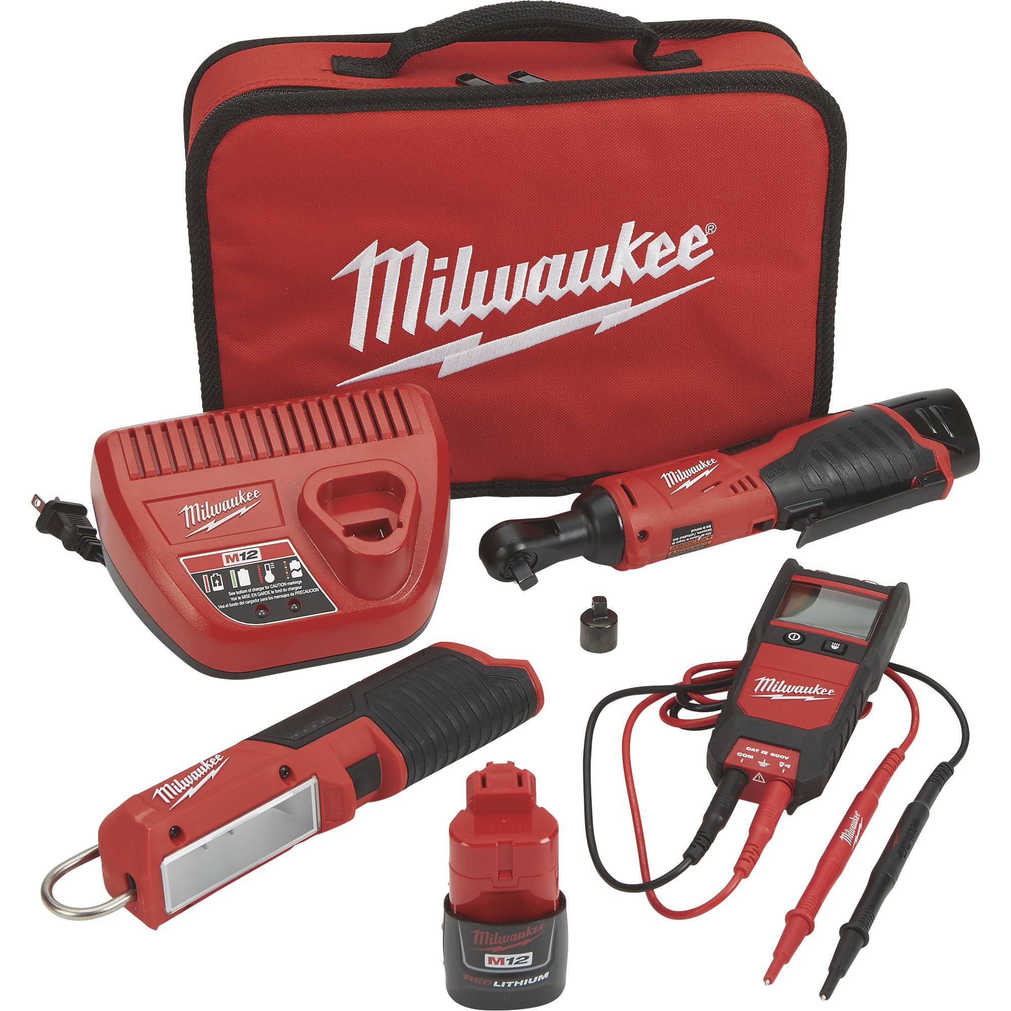 Milwaukee M12 Lithium-Ion Cordless Automotive Ratchet Set - 3-8inch Ratchet, LED