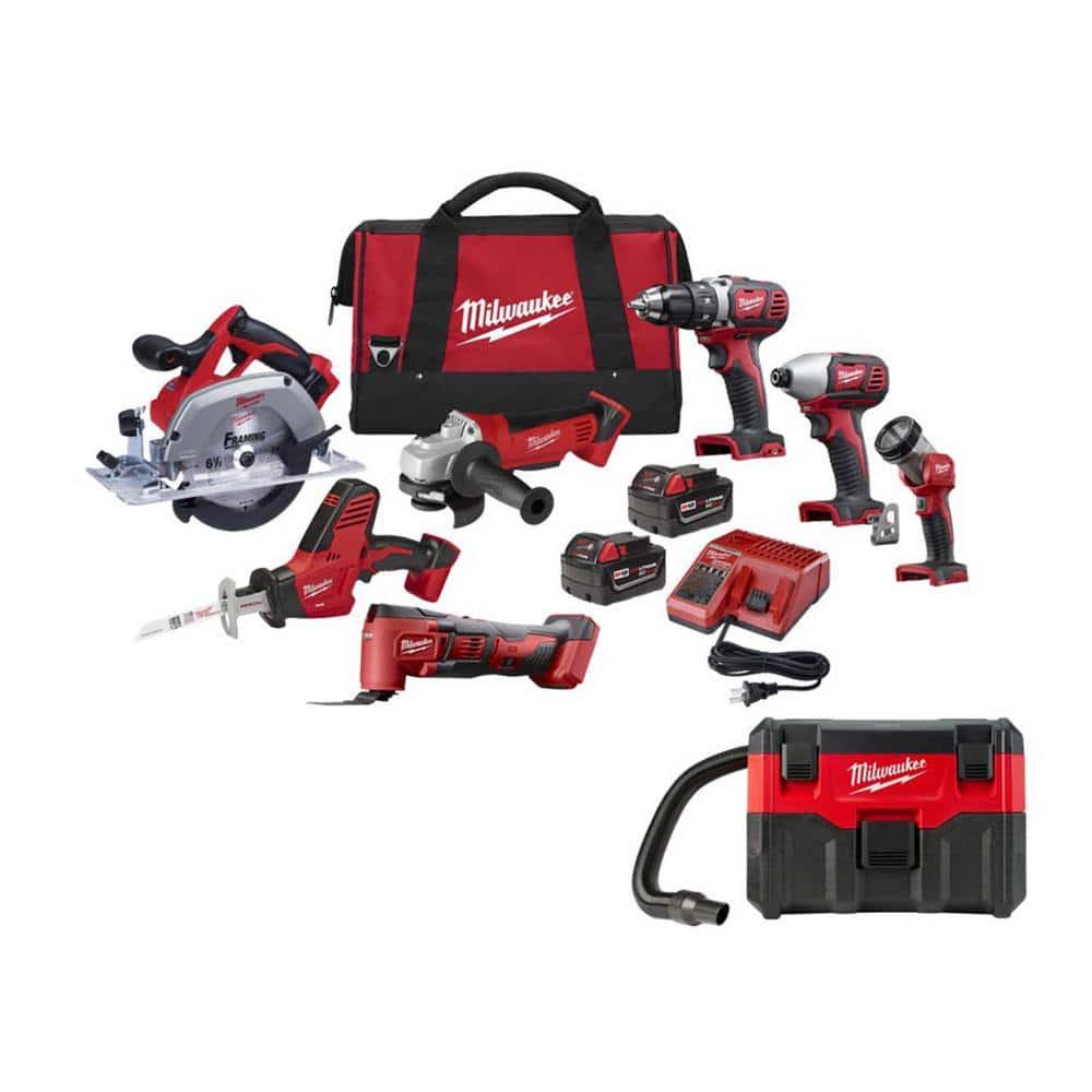 Milwaukee M18 18-Volt Lithium-Ion Cordless Tool Combo Kit with Two 3.0 Ah Batteries. Charger. Tool Bag and M18 2 gal. Wet/Dry VAC