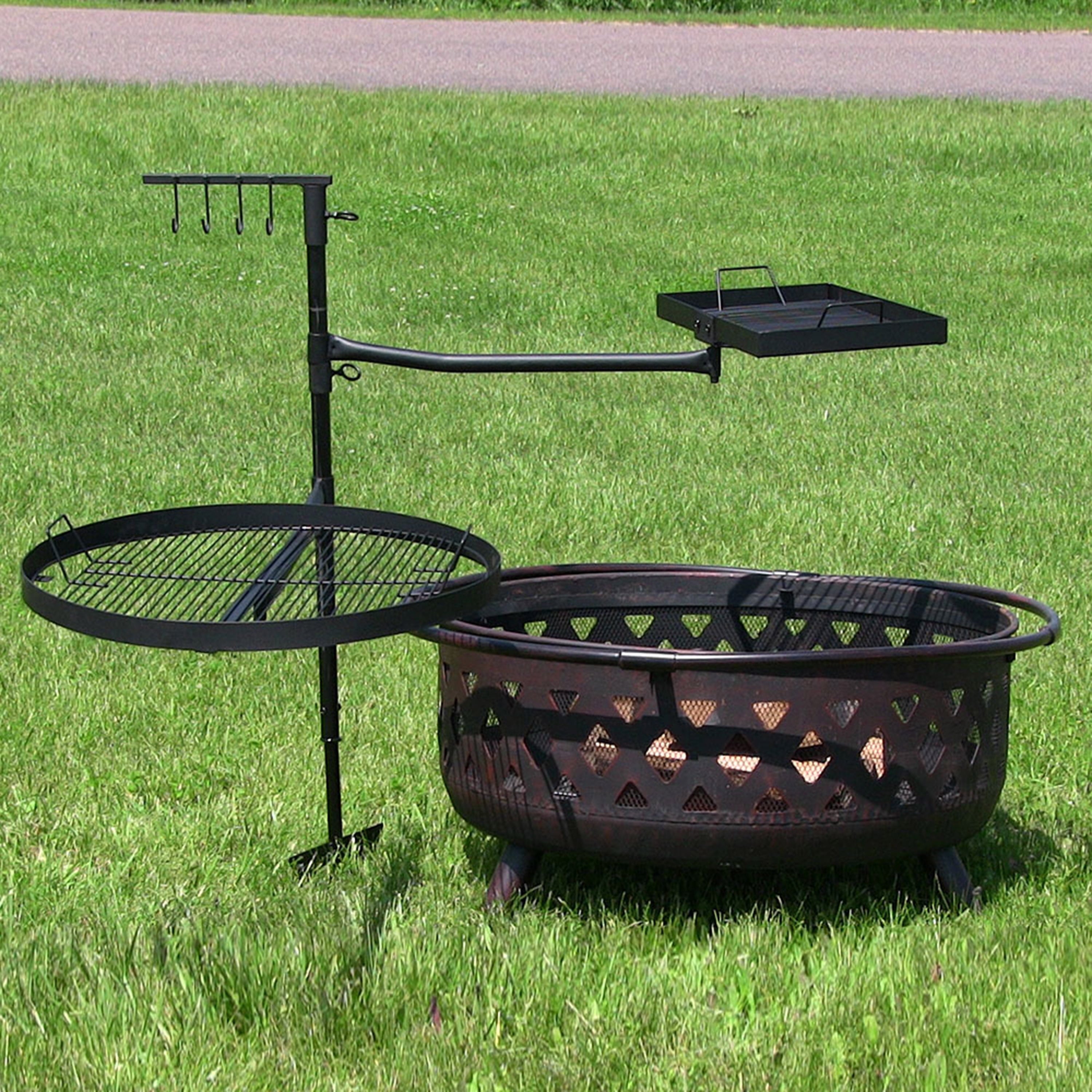 Outdoor Camping or Backyard Steel Adjustable Cooking Grilling Fire Pit BBQ Stake with 2 Swivel Swing Grates