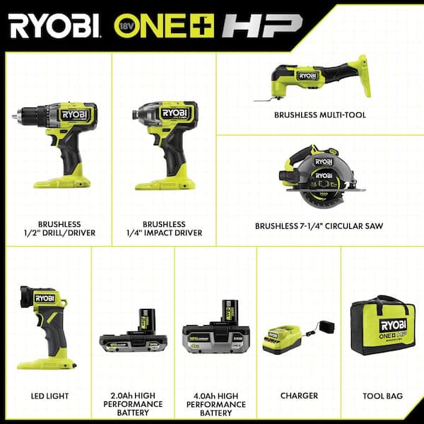 ONE+ HP 18V Brushless Cordless 5-Tool Combo Kit with 4.0 Ah and 2.0 Ah HIGH PERFORMANCE Batteries. Charger. and Bag