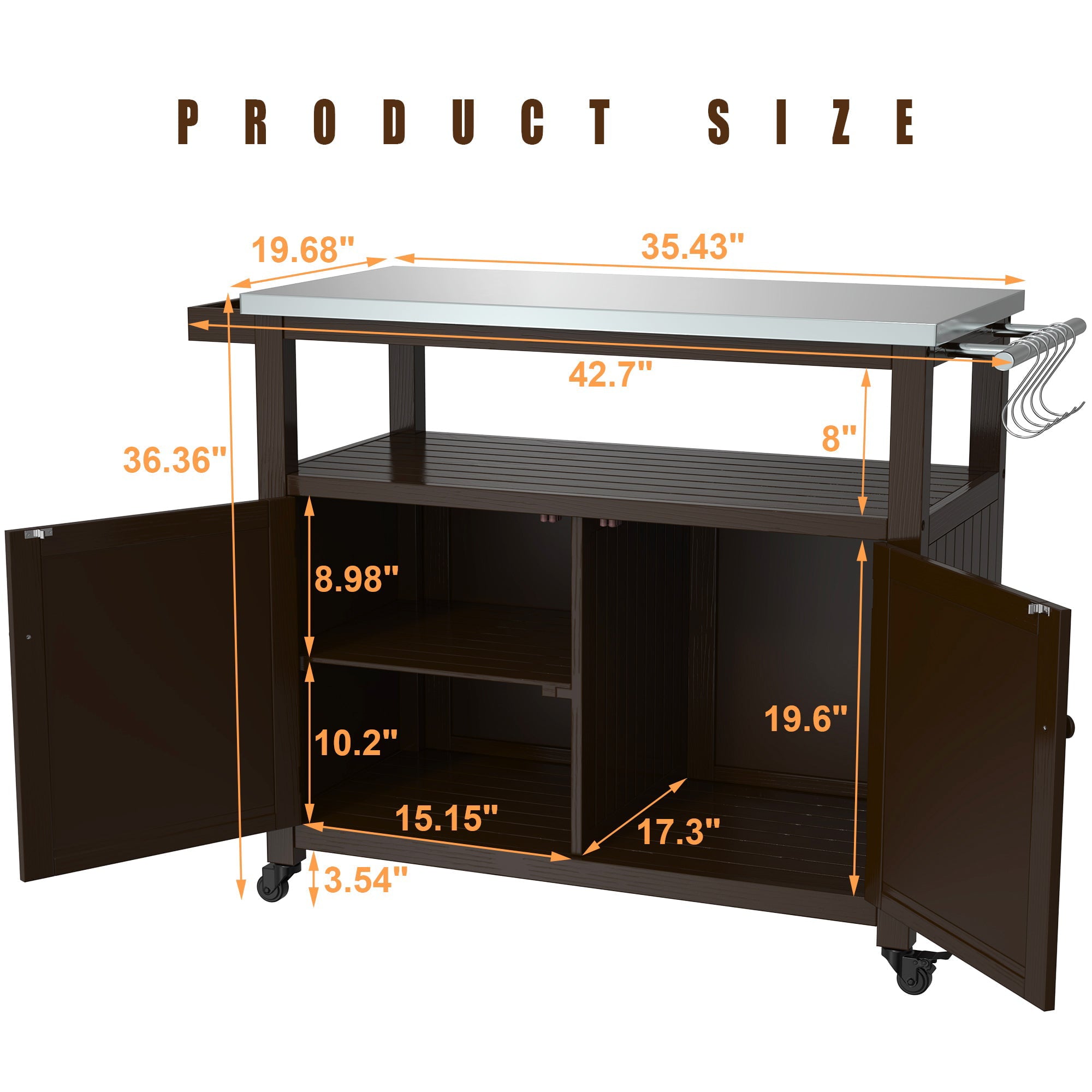 Prep Table Grill Station. Solid Wood Movable Dining Cart Table. Dark Brown