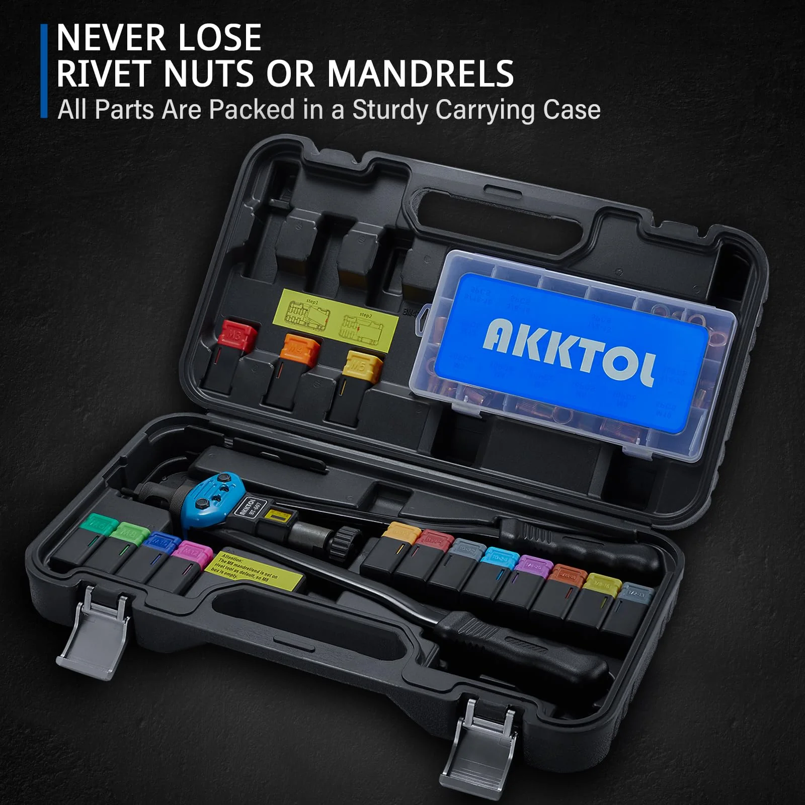 AKKTOL 16 Rivnut Tool Kit with 15 Metric and SAE Mandrels