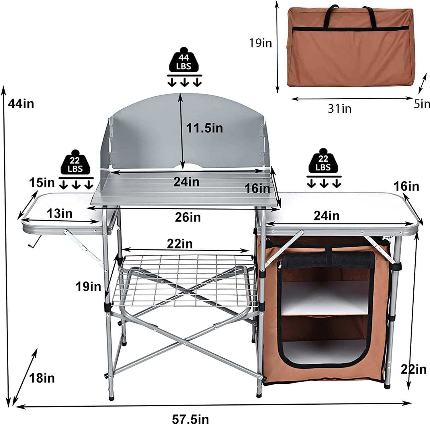 Grill Table with 26'' Tabletop and Detachable Windscreen. Aluminum Portable Camp Cook Station Carry Bag Quick Set-up. BBQ Camping Picnic Backyard Outdoor Camping Kitchen Table (Brown)