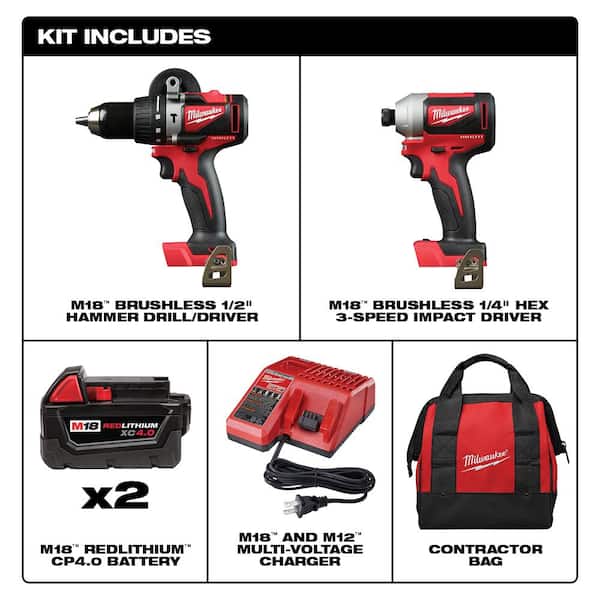 M18 18V Lithium-Ion Brushless Cordless Compact Hammer Drill/Impact Combo Kit (2-Tool) with (2) 4.0Ah Batteries. Bag