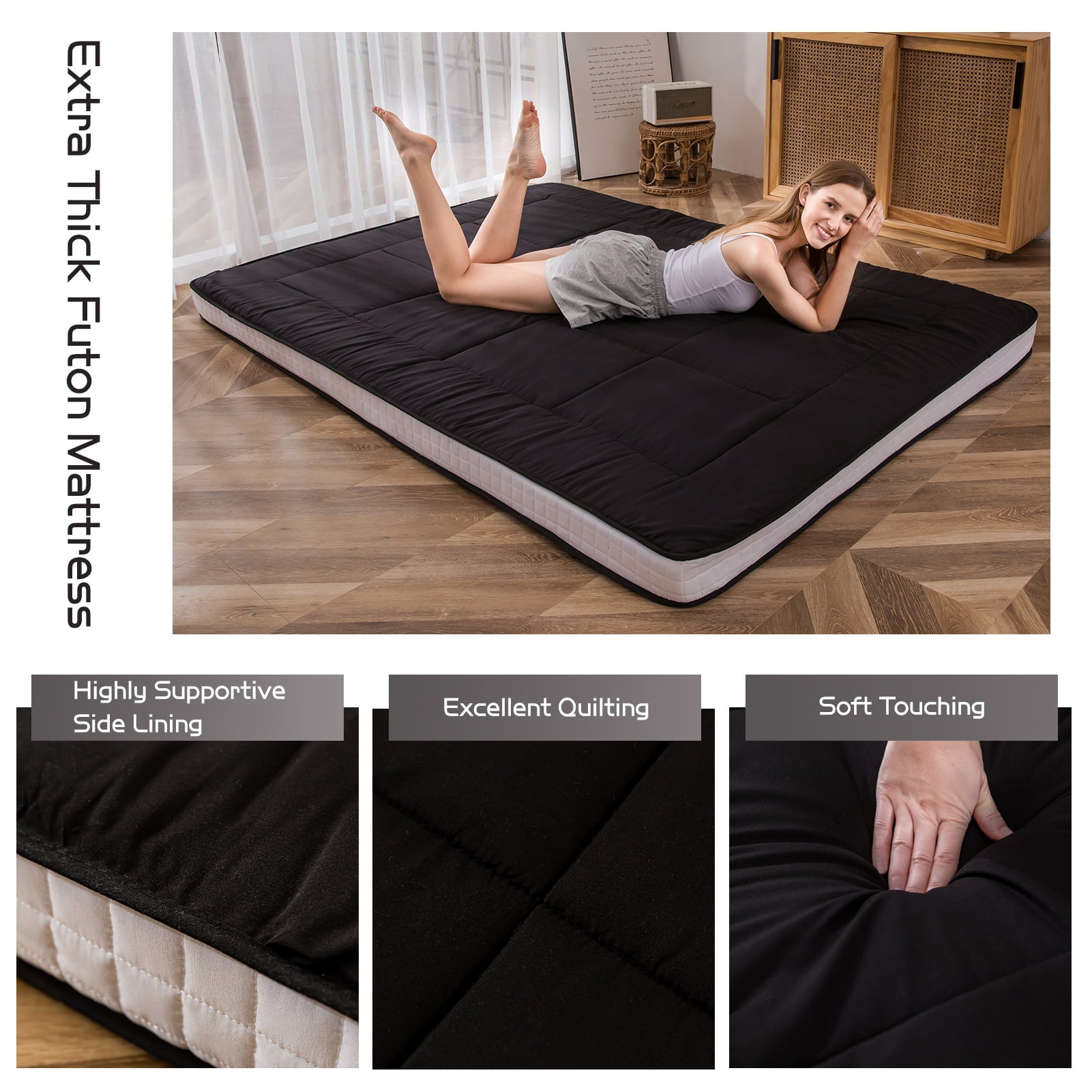 Mattress. Padded Japanese Floor Mattress Quilted Bed Mattress Topper. Extra Thick Folding Sleeping Pad. Black. Twin