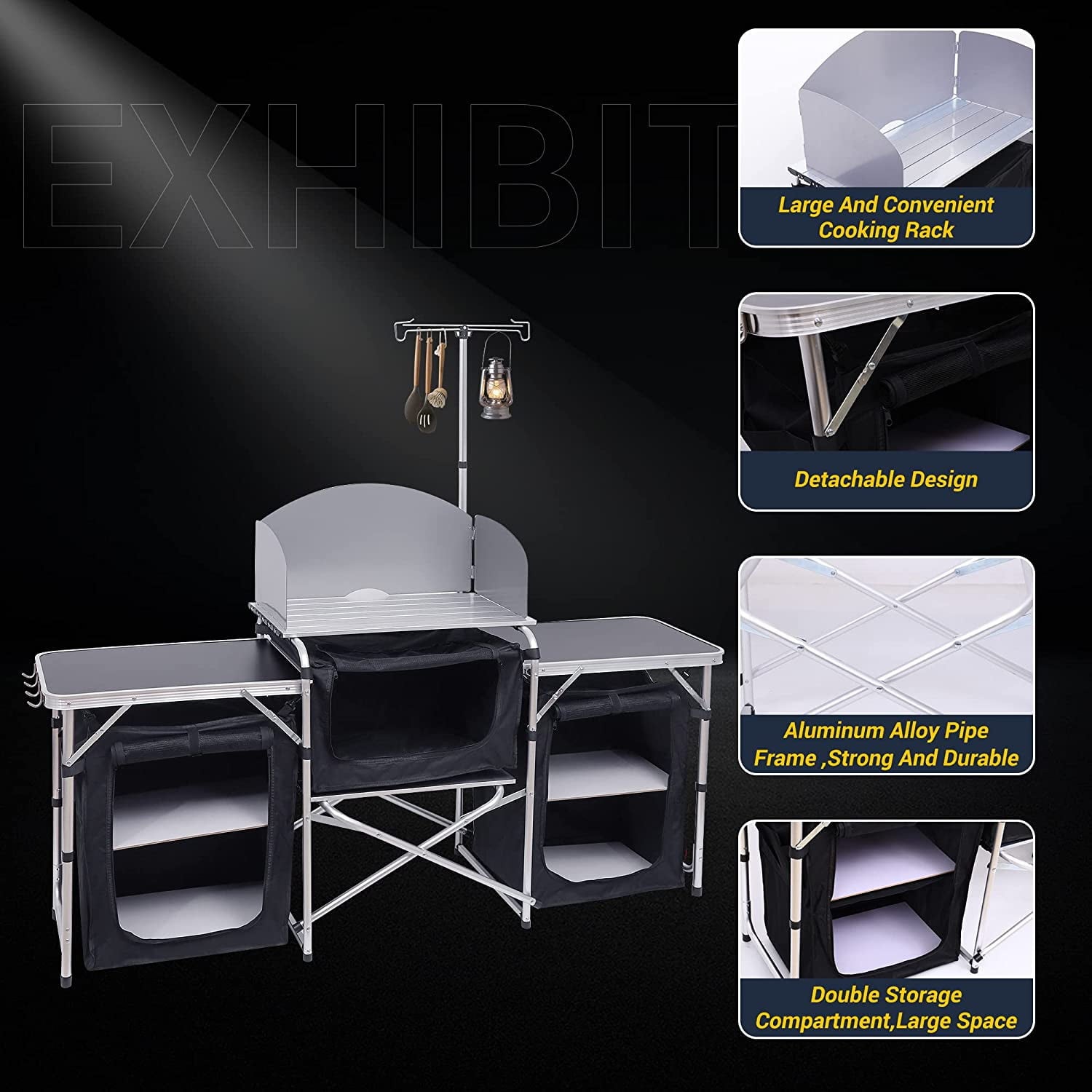 C Camping Kitchen Table. Folding Table. Upgrade Light Stand and Windshield Cooking Station & 3 Organizers. Carry Bag for Outdoor. Beach. BBQ. Picnic. Cooking. Indoor. Office