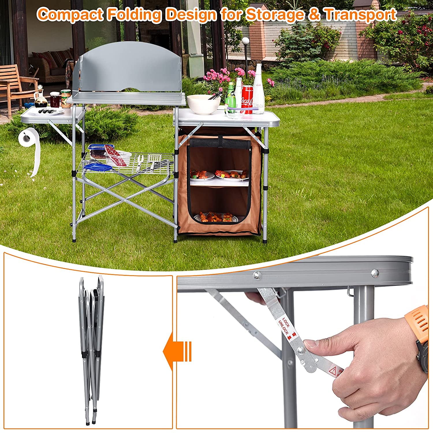 Grill Table with 26'' Tabletop and Detachable Windscreen. Aluminum Portable Camp Cook Station Carry Bag Quick Set-up. BBQ Camping Picnic Backyard Outdoor Camping Kitchen Table (Brown)