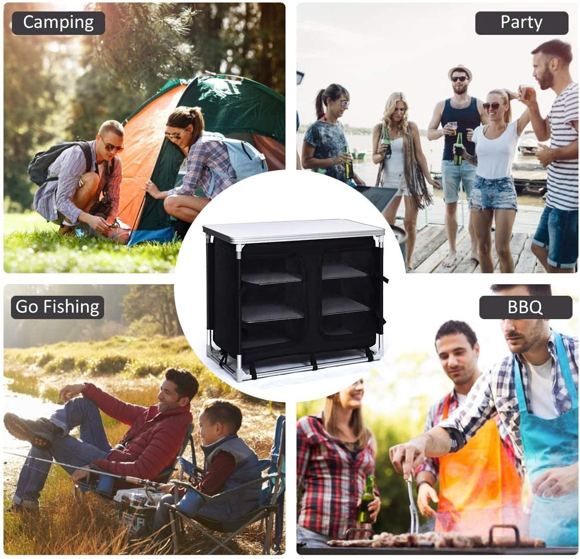 Cook Table Kitchen Station with Storage Organizer and Carrying Bag. for BBQ Party. Picnics. Backyards. Tailgating. Portable. Black