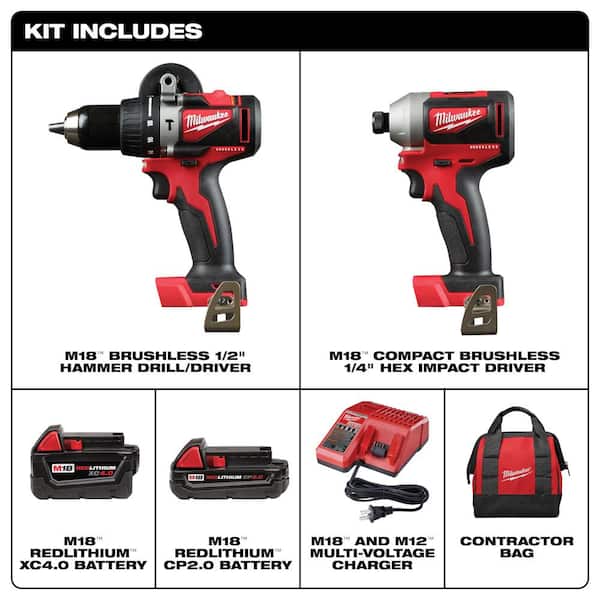 M18 18V Lithium-Ion Brushless Cordless Hammer Drill/Impact Combo Kit (2-Tool) with 2 Batteries. Charger and Bag