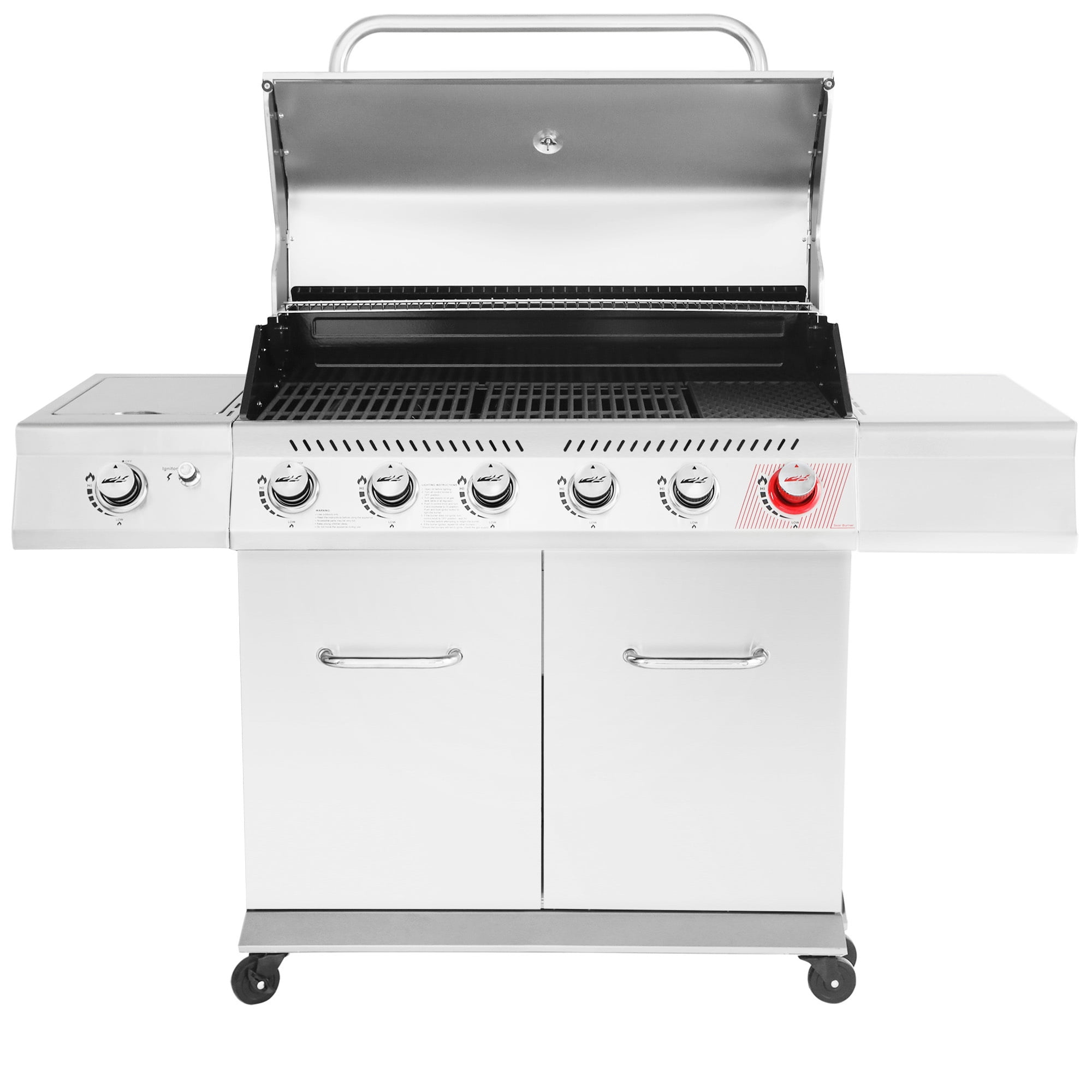 Gourmet GA6402S Stainless Steel Gas Grill. Premier 6-Burner BBQ Grill with Sear Burner and Side Burner. 74.000 BTU. Cabinet Style. Outdoor Party Grill. Silver