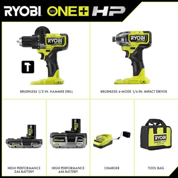 ONE+ HP 18V Brushless Cordless 1/2 in. Hammer Drill and 1/4 in 4-Mode Impact Driver Kit w/ (2) Batteries. Charger. & Bag